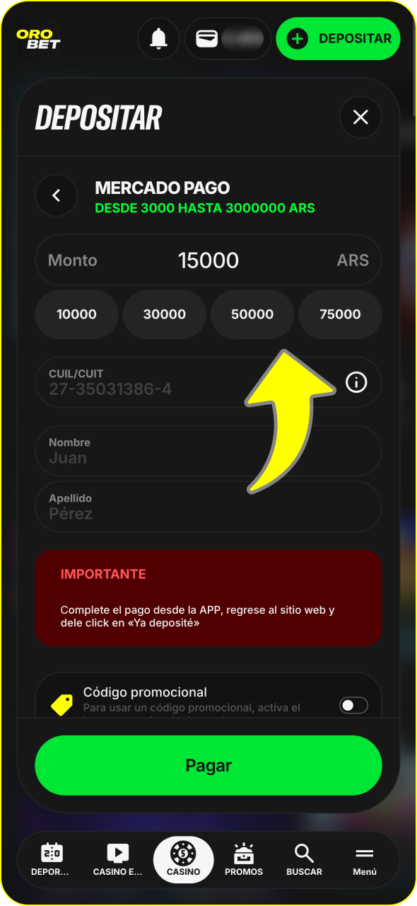 Realiza un depósito en la plataforma del casino Orobet.