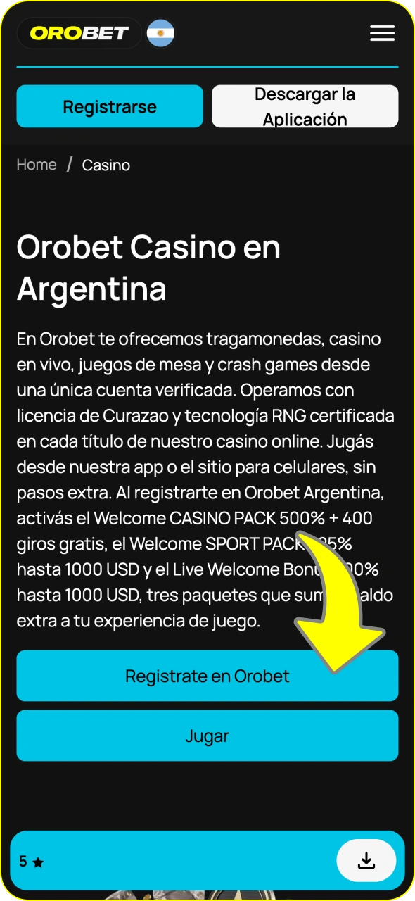 Toca el botón para iniciar el proceso de registro en Orobet.