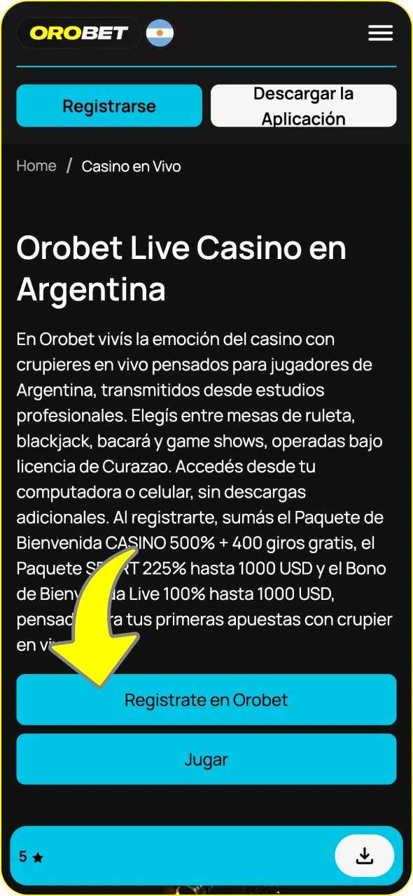 Haz clic en el botón de registro en la página de Orobet.